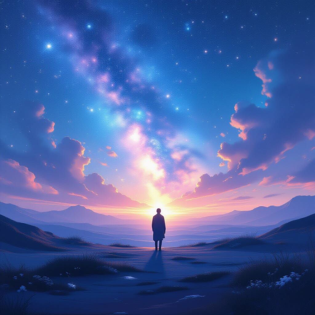 Cosmic Figure Dissolving into Starlight, Dreamy Pastel Hues