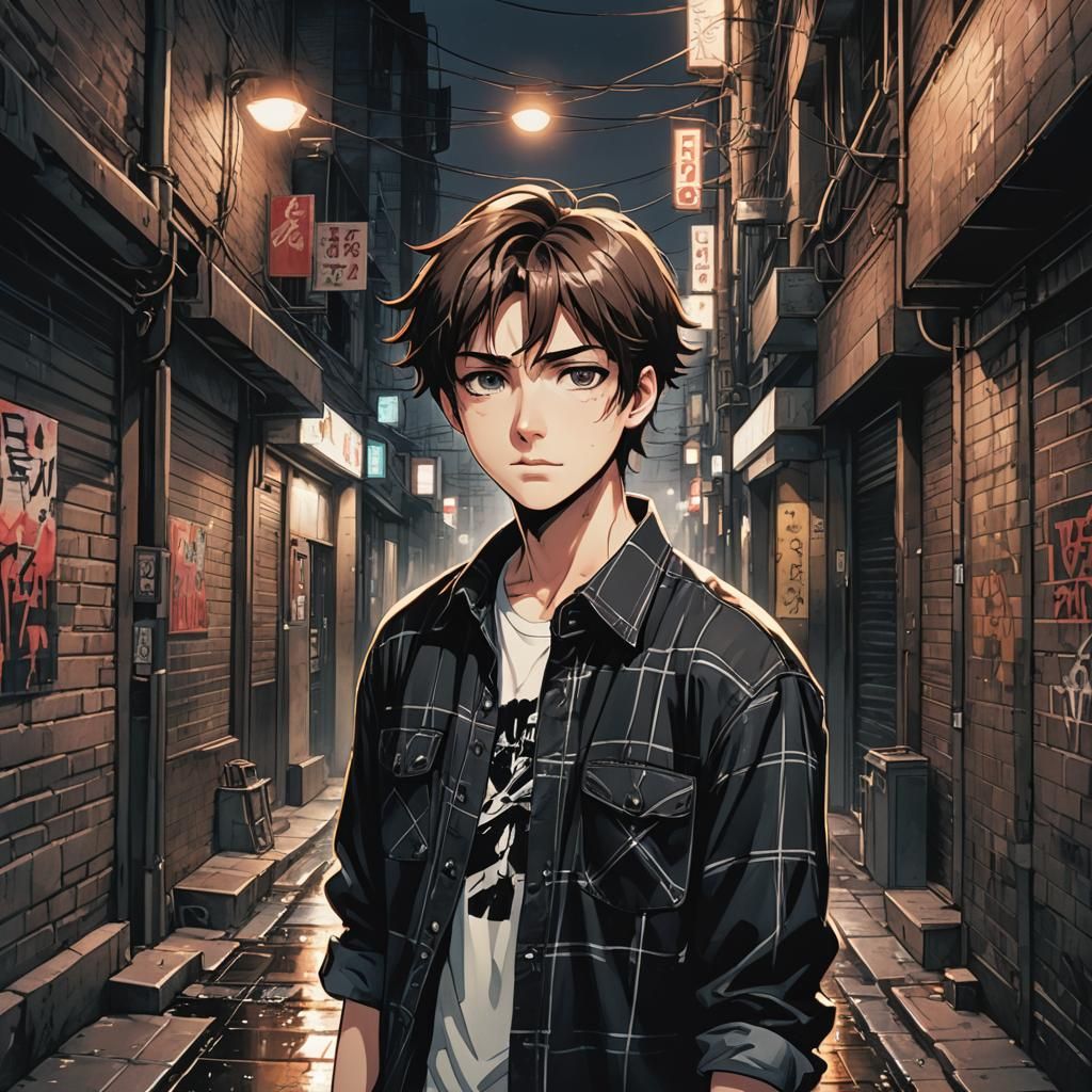 Teenage Boy in Alleyway: Vibrant Manga Scan