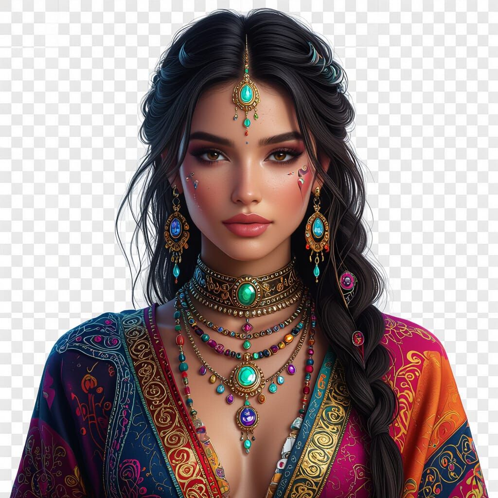 Hyperrealistic Woman in Detailed Colorful Clothing and Futur...