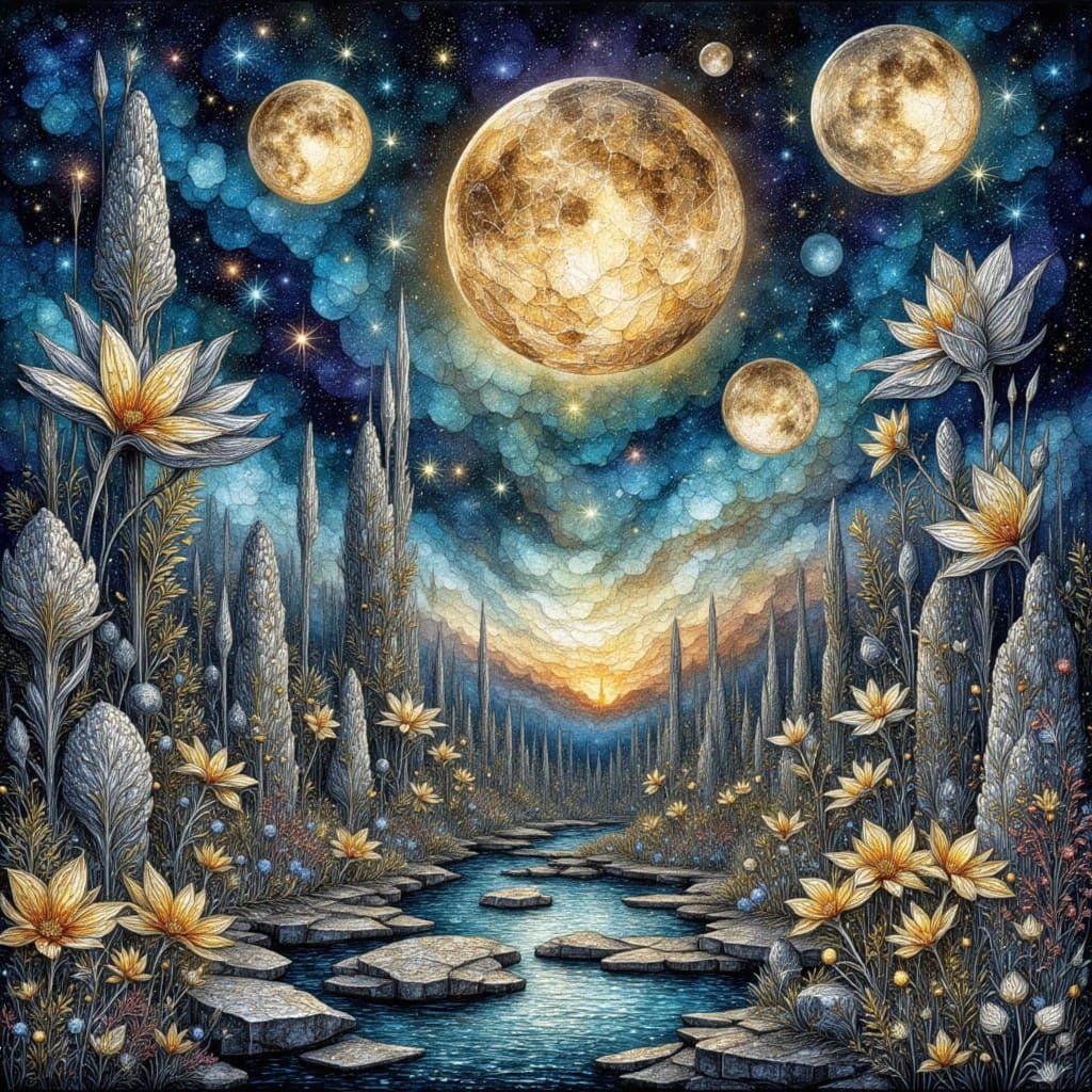 Ethereal Garden of Silver Roots and Ink Stars