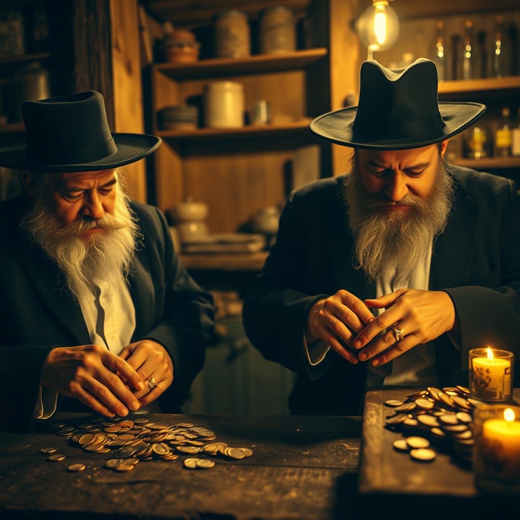 Two Hasidic men meticulously counted gold and silver coins. Image 4