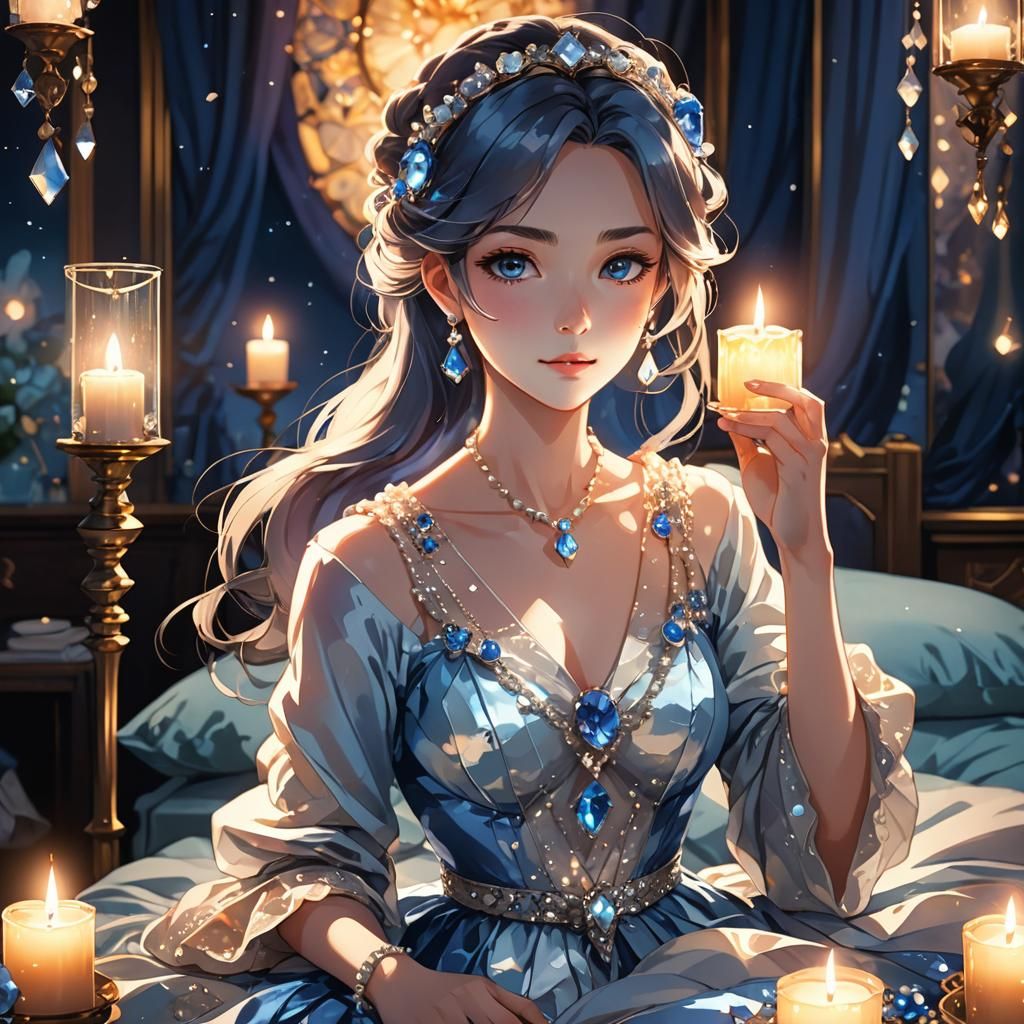 Anime Gemstone Character in Candlelit Bedroom