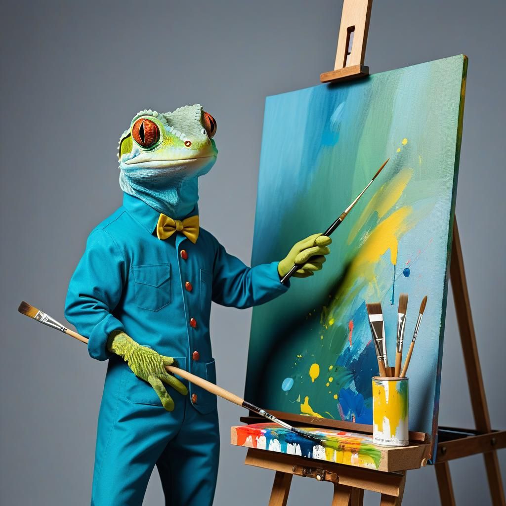 Painter Gecko at Easel with Brush