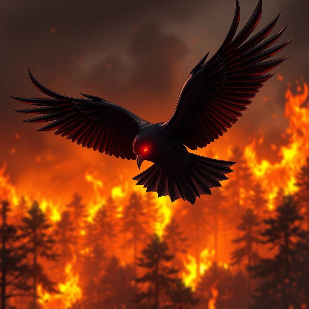 Majestic Raven Soars Through Blazing Forest in Anime-Inspire...