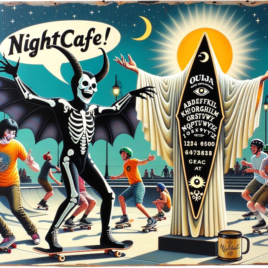 Surreal Collage: Joyful Figure at Skatepark