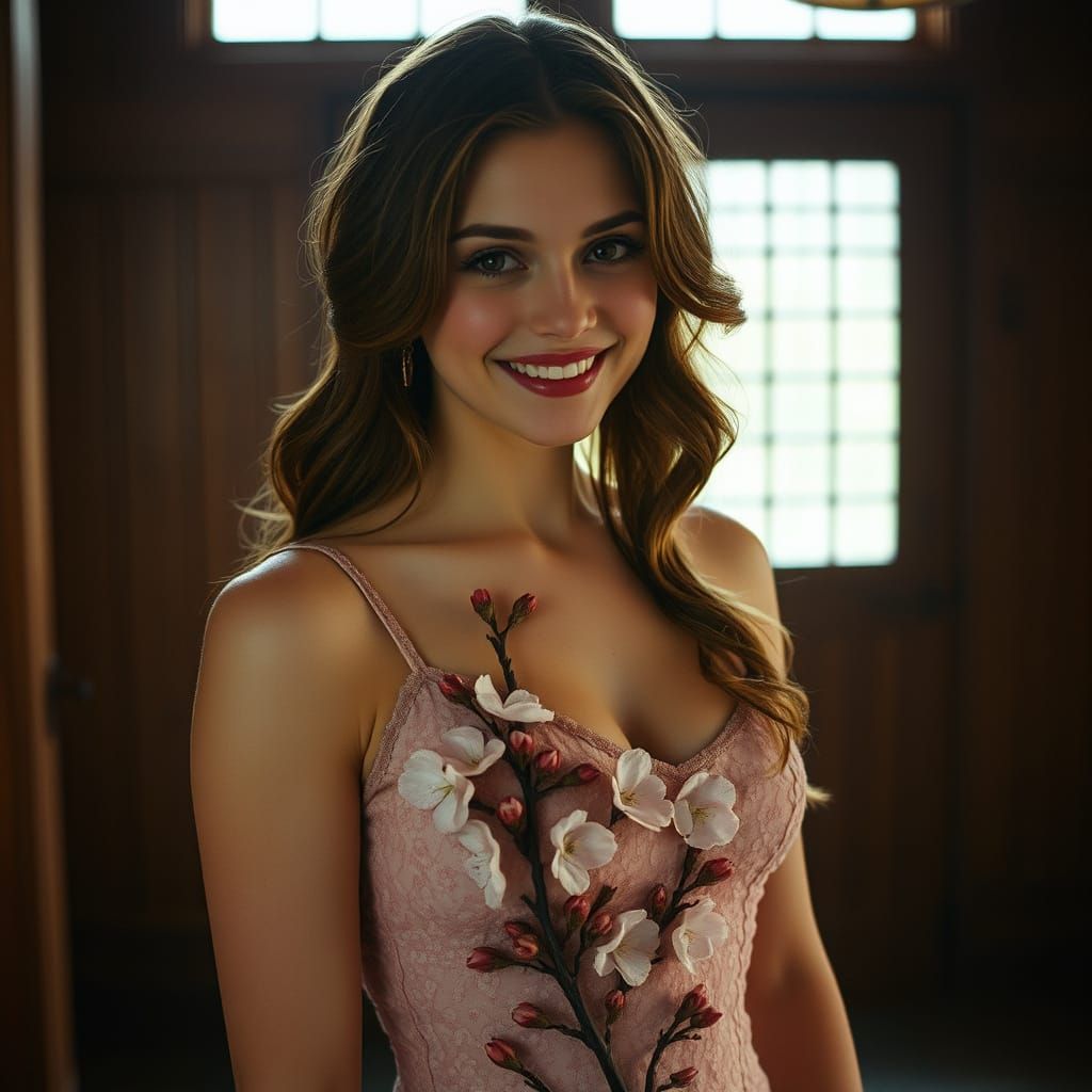 Ethereal Cherry Blossom Goddess in a Wooden Sanctuary