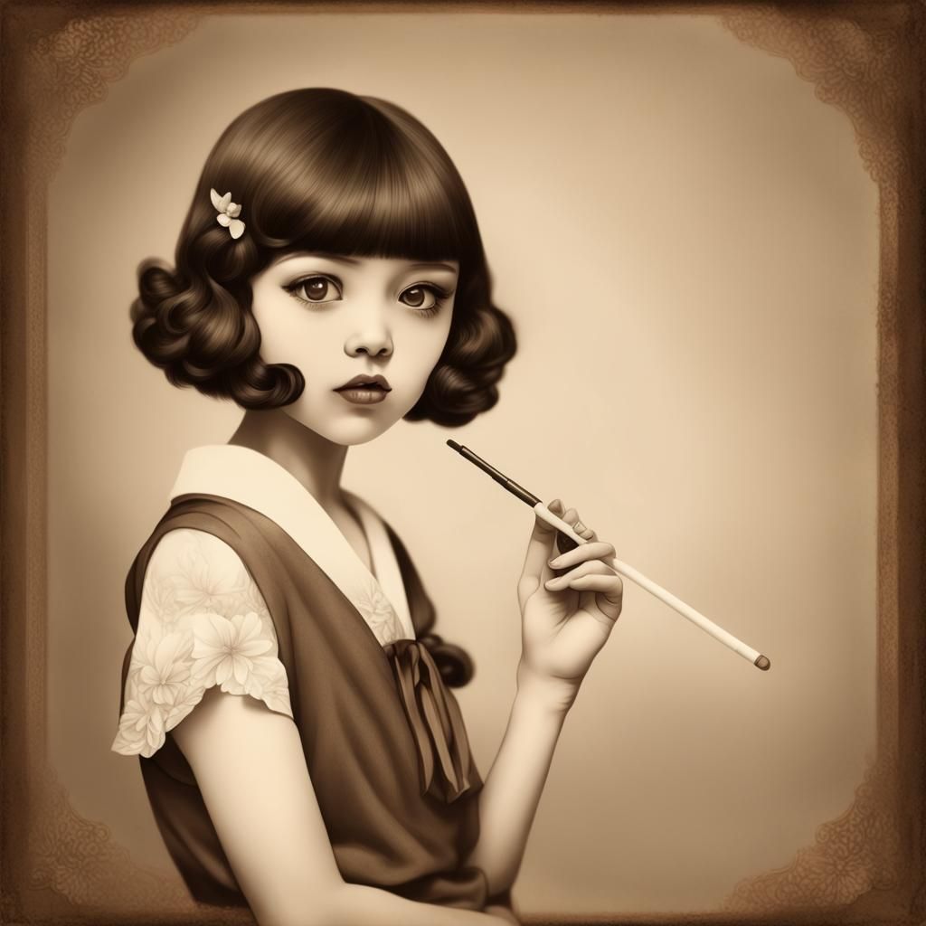 1920s Chibi Girl in Sepia Tone Portrait