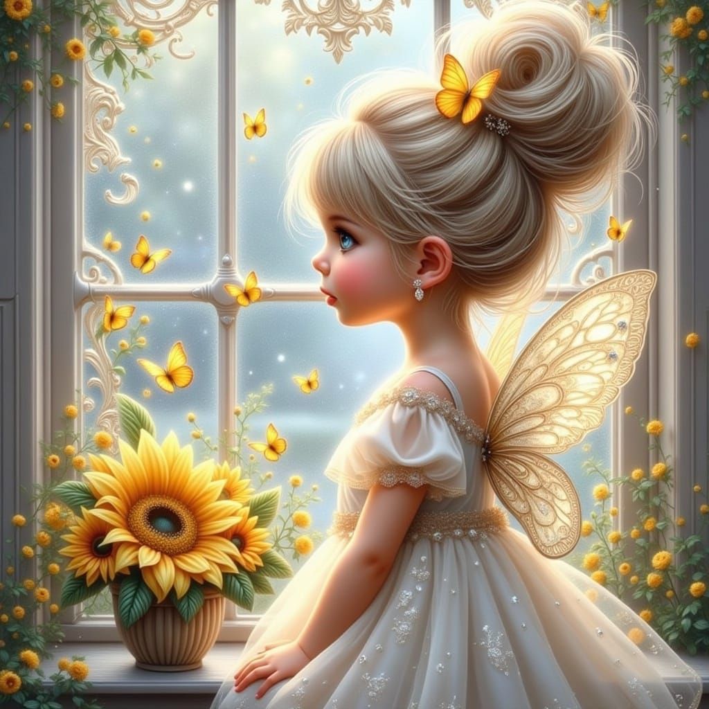 Whimsical Fairy by a Frosted Window with Sunflowers in Flora...
