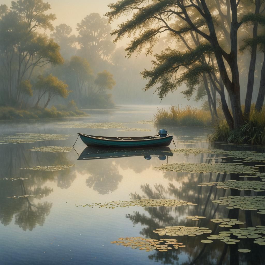 Serene Fishing Boat on Pond in Pointillism Style