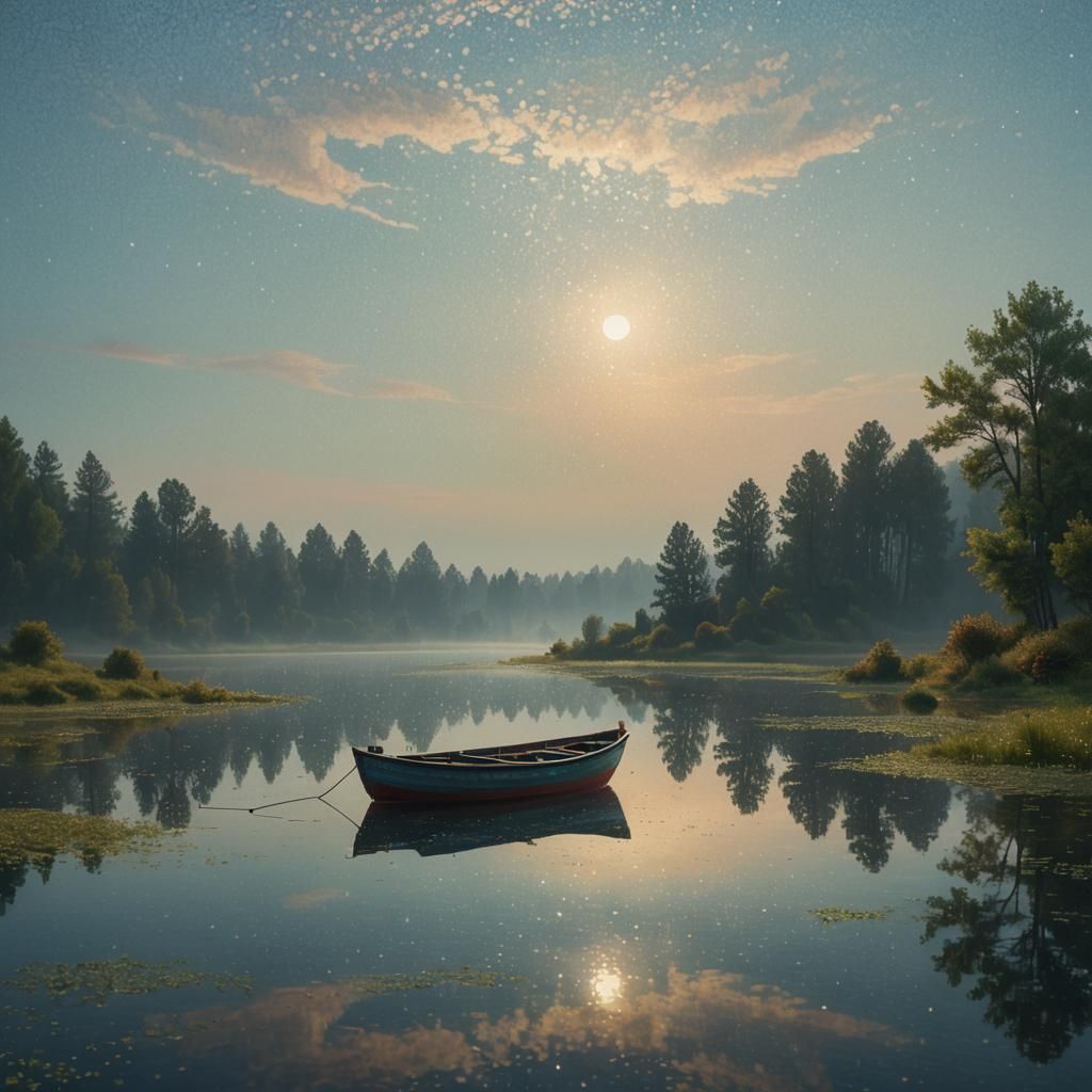 Fishing Boat on Misty Pond in Pointillism Style