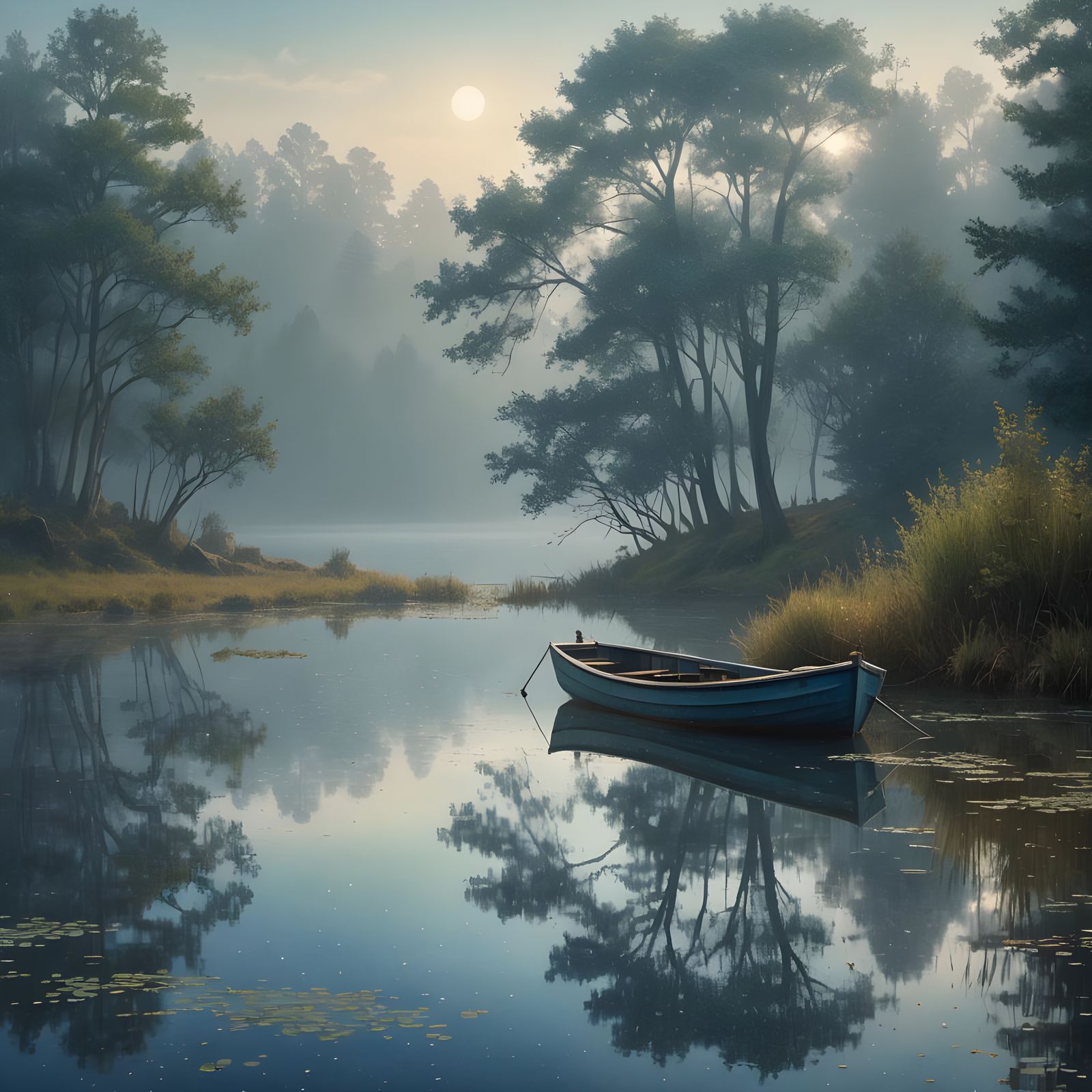 Fishing Boat on Tranquil Pond in Pointillist Style