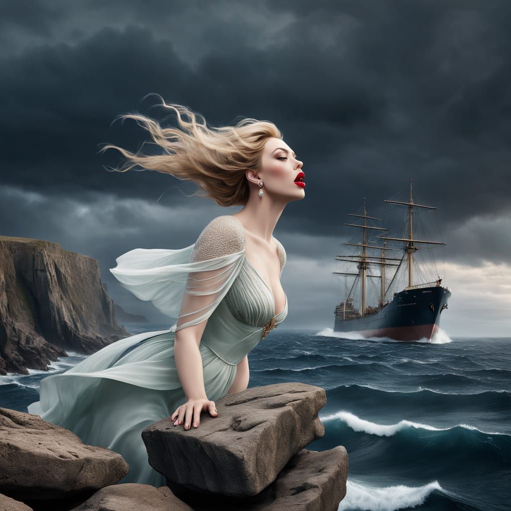 Hyperrealistic Siren Overlooking Stormy Sea
