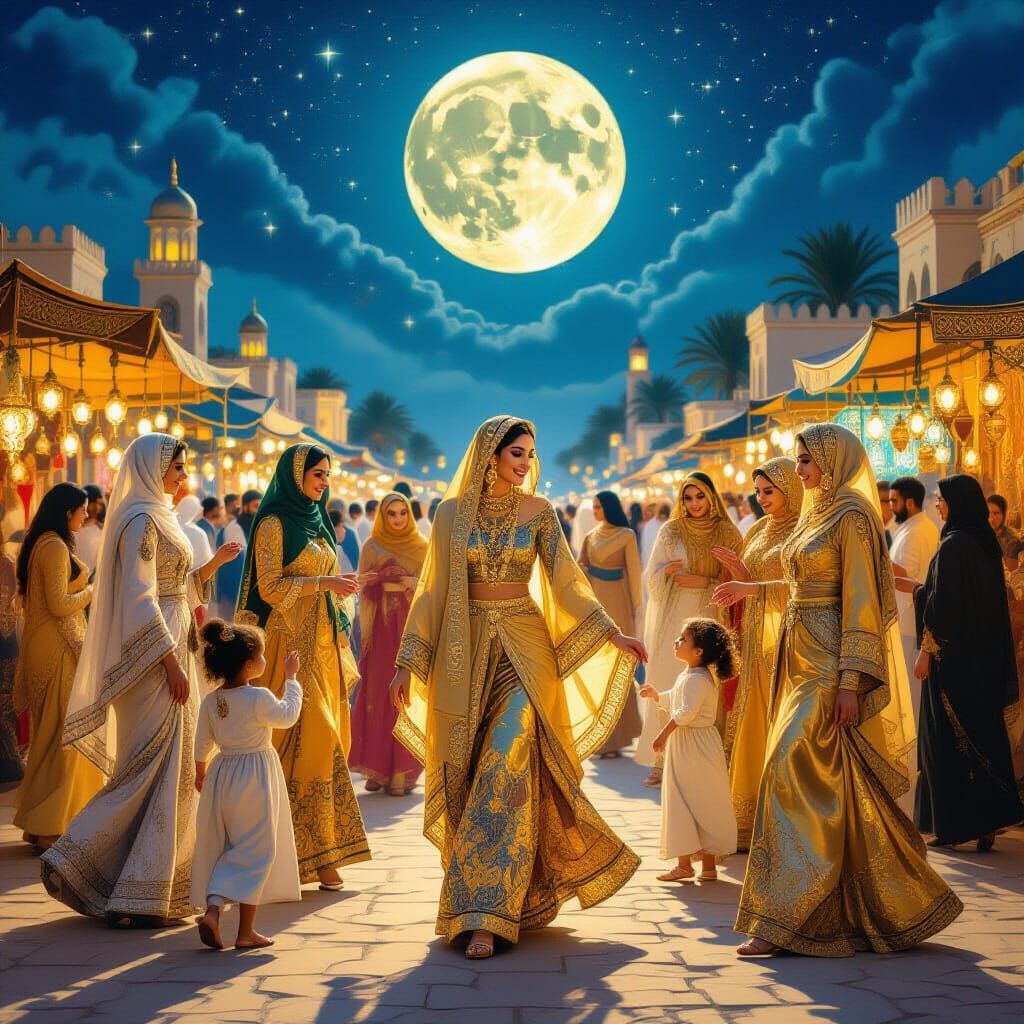 Vibrant Arab Women's Night Market in Gold
