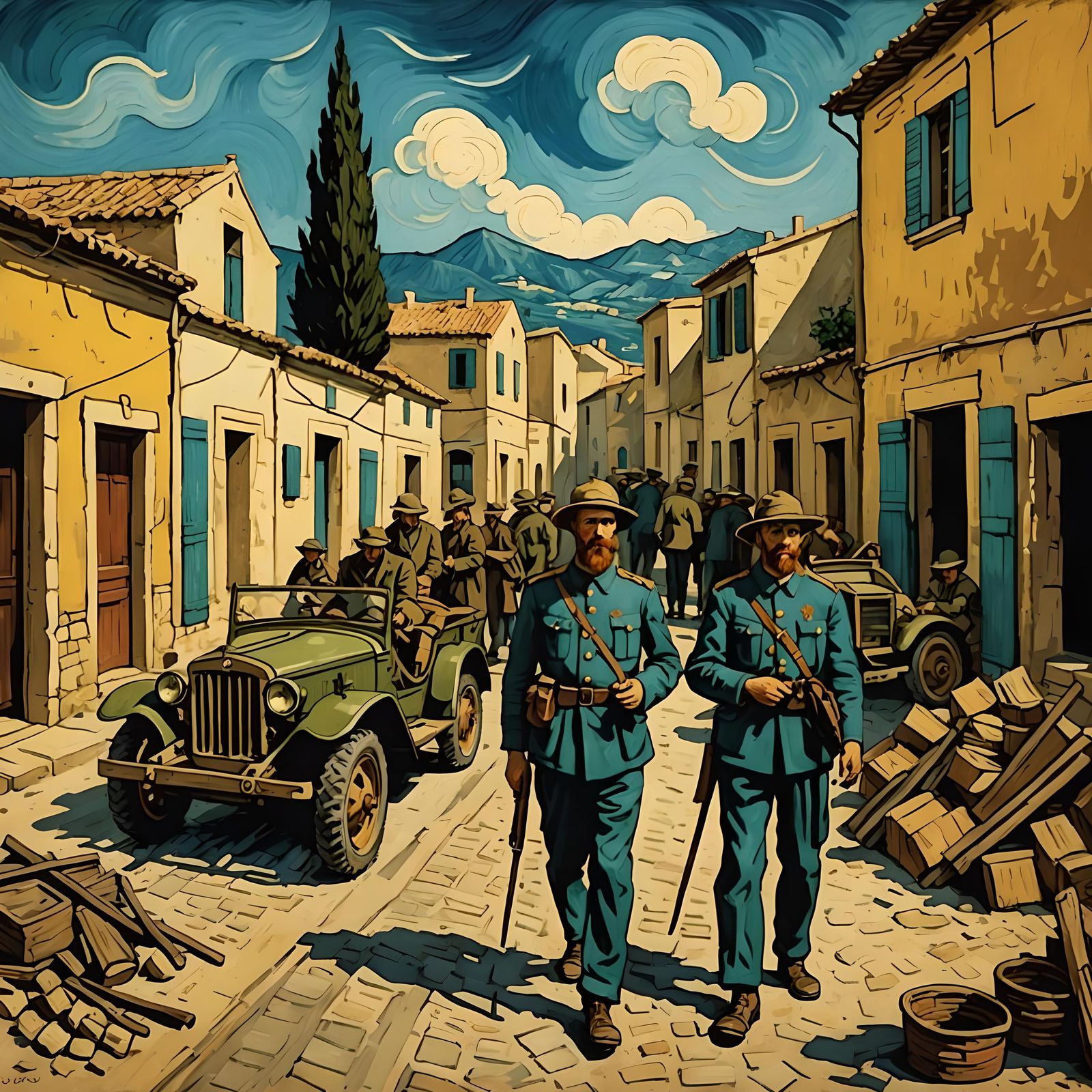 WWII Sicily Scene as Van Gogh Style Painting