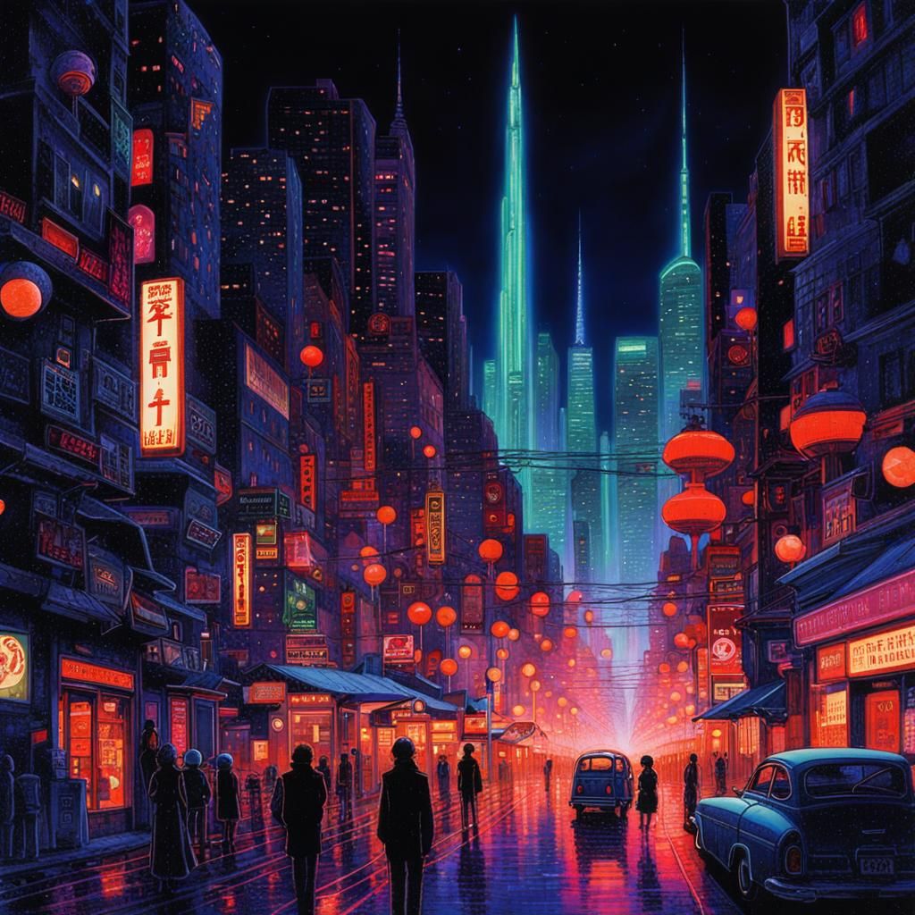 Ethereal Chromepunk Cityscape at Twilight: Anime Style