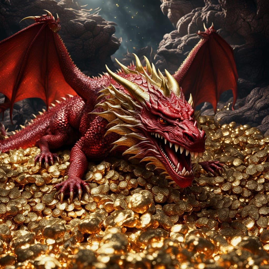 Surreal Red Dragon Slumbers Amongst Glittering Hoard of Gold