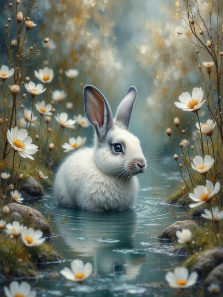 White Rabbit in Teal River with Celestial Flowers