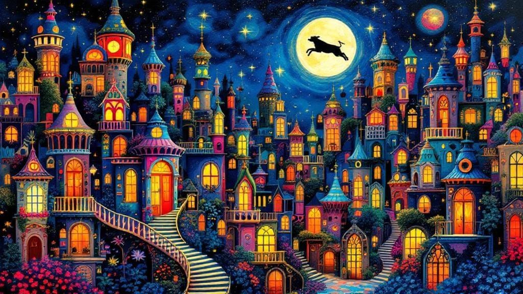 Kaleidoscope Cityscape Under Starry Moon, Hyper-Maximalist S...