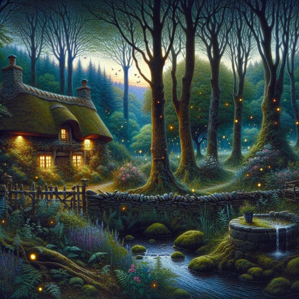 Enchanted Forest Scene with Cottage and Well