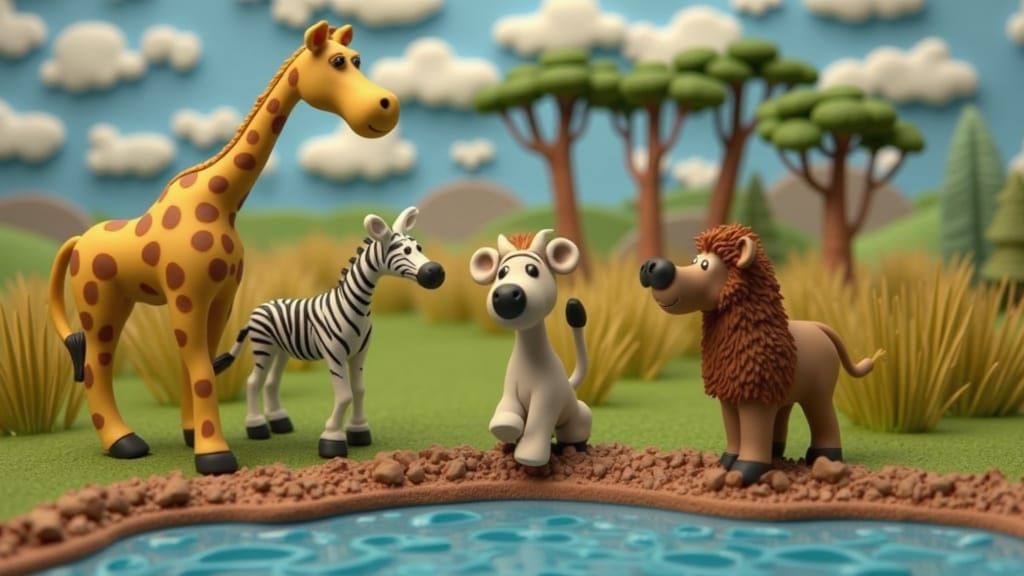 Animals at Watering Hole in Claymation Style