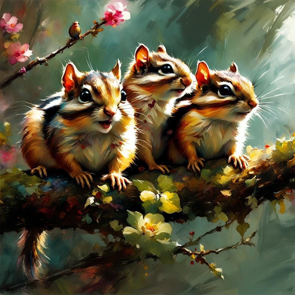 Fluffy Chipmunks on Apple Blossom Branch