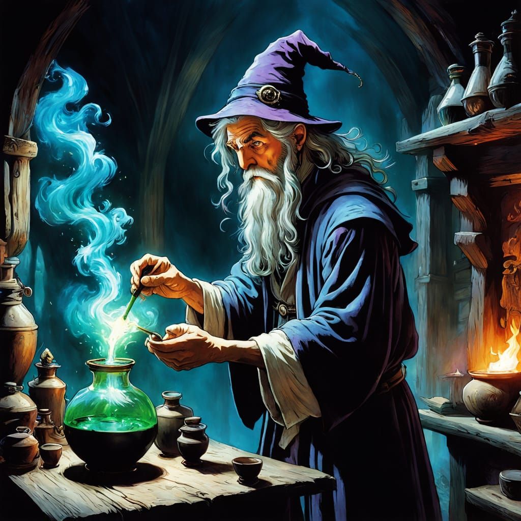 Whimsical Wizard Brews Potion in Saturated Colors