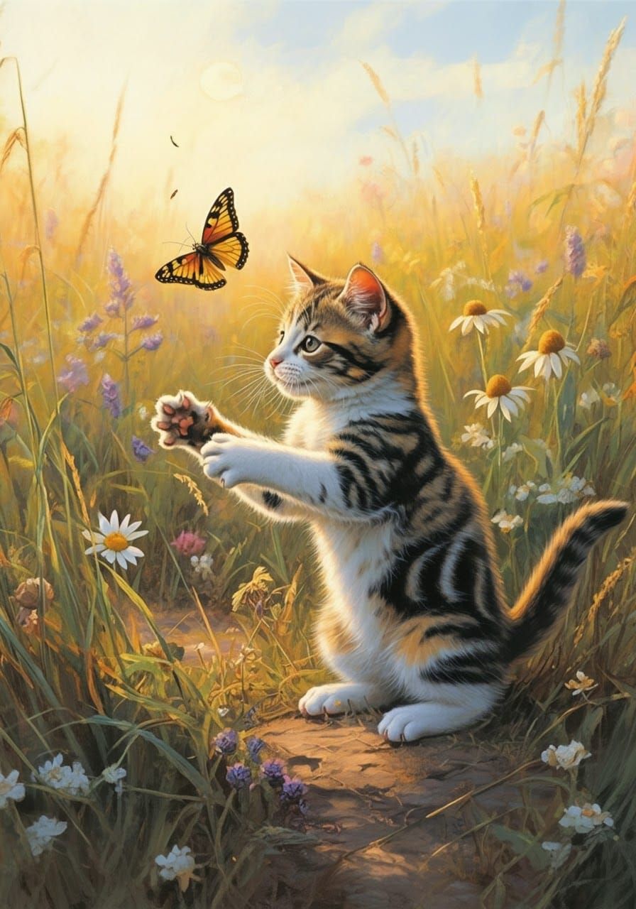 Kitten Swatting Butterfly in Meadow Painting