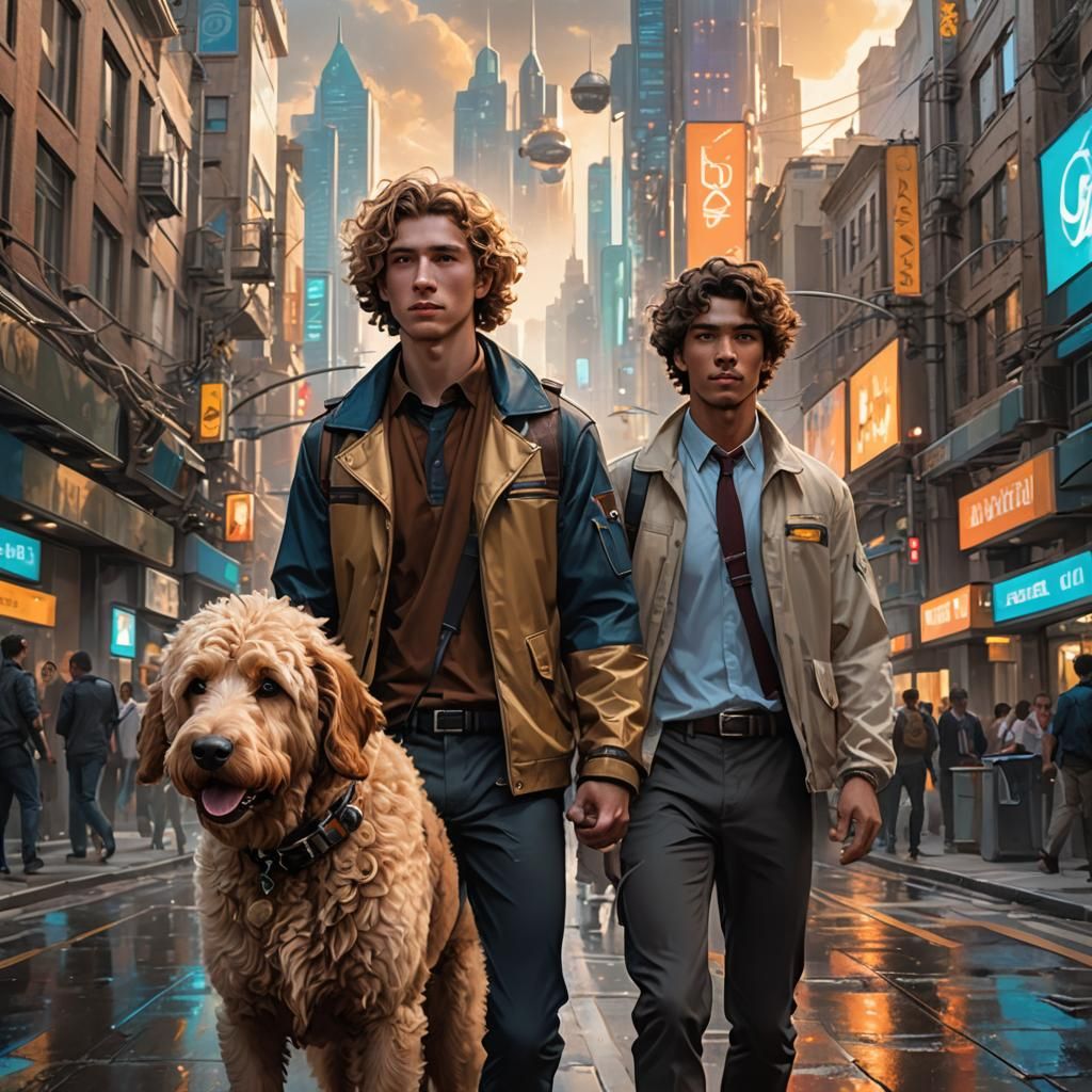 Boy and Dog in Futuristic City, Hyperdetailed Art