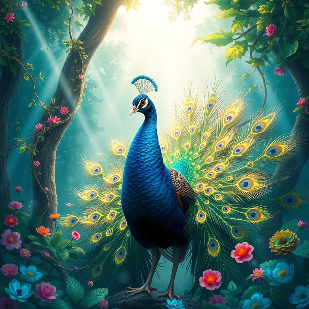 Majestic Peacock in Lush, Enchanted Forest