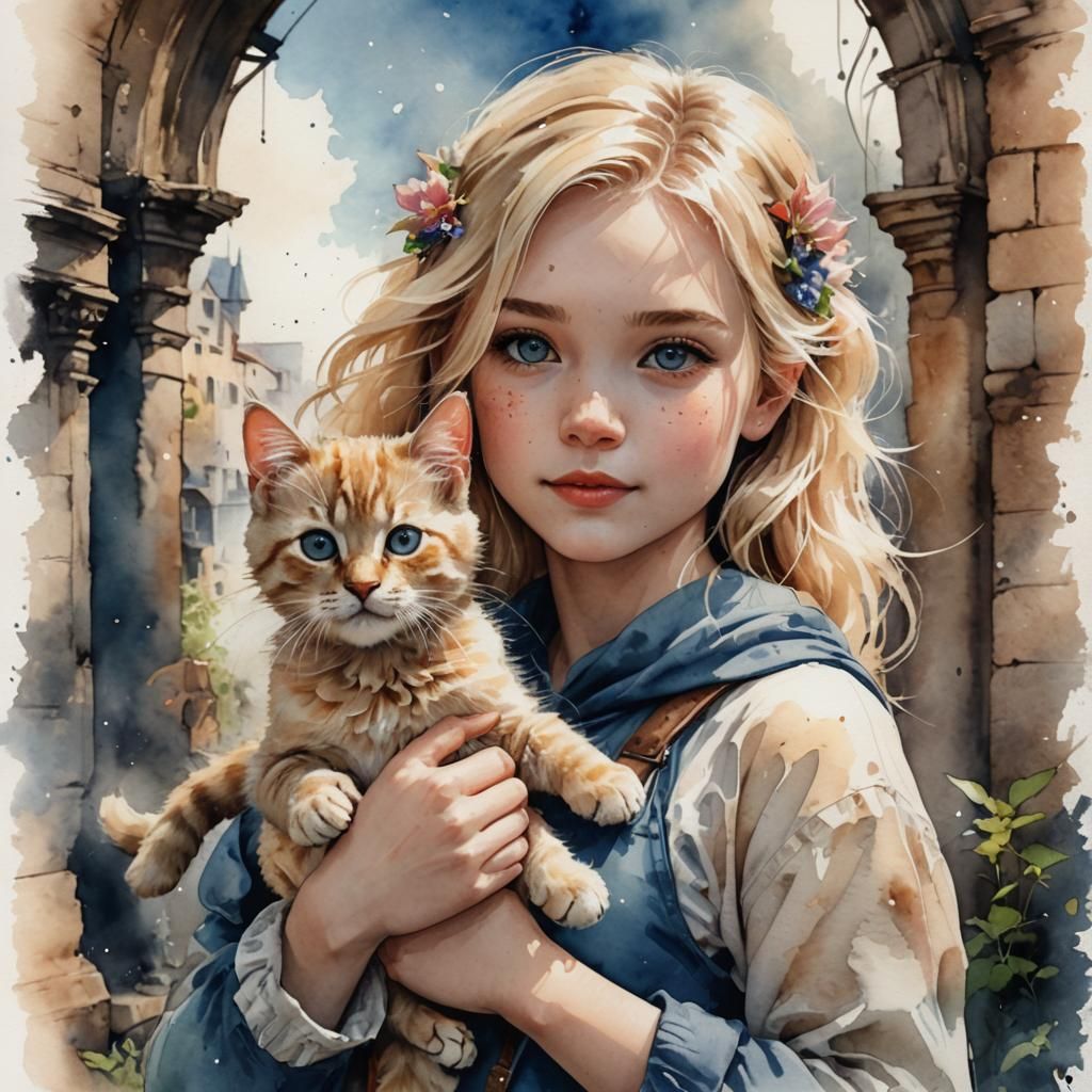 Blond Girl with Kitty in Watercolor Sketch