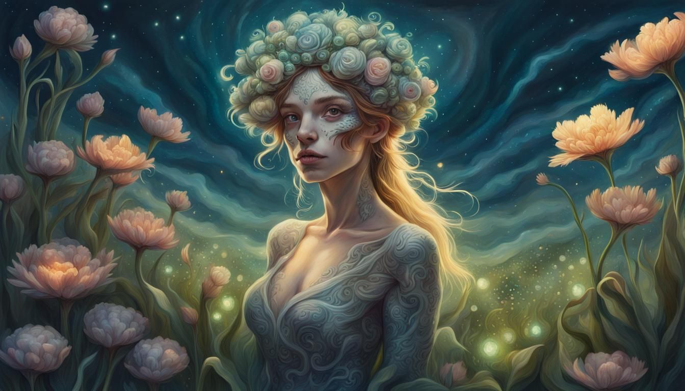 Fantasy Frog Woman in Moonlit Flower Field