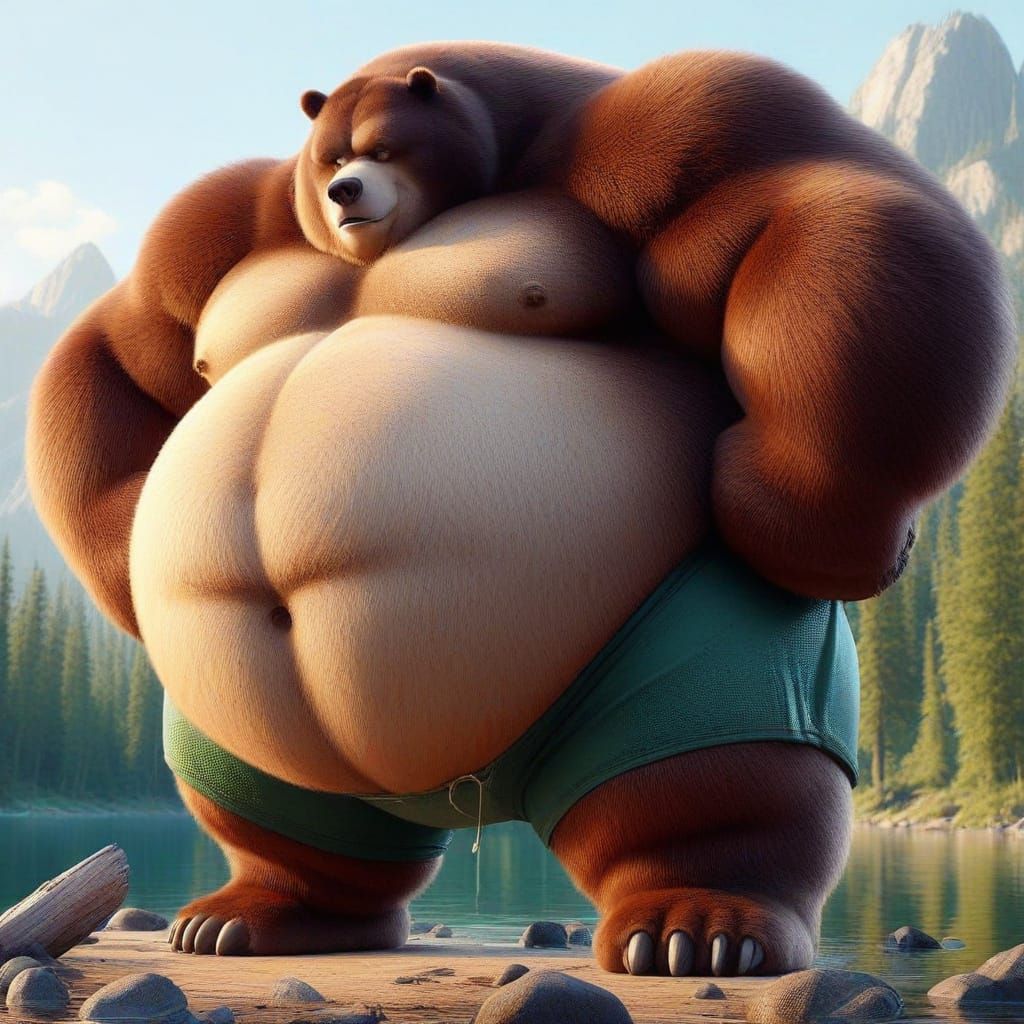 Impressive Grizzly Bear Bodybuilder in a Lake Forest Setting