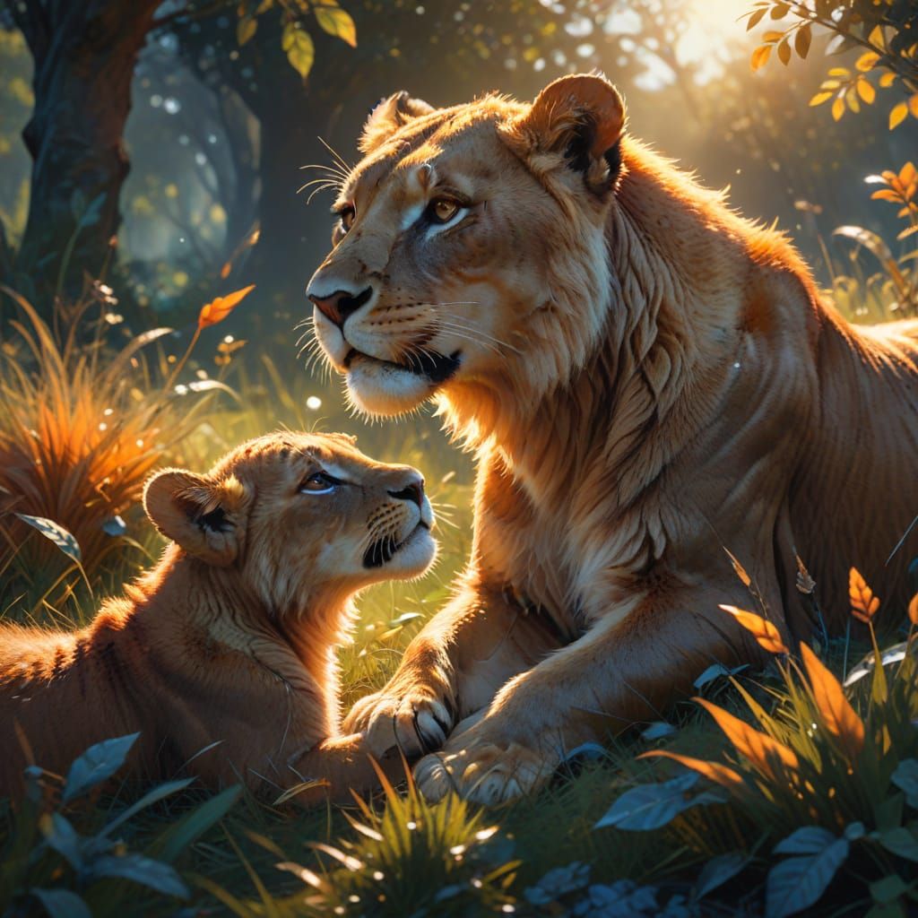 Lion Cub and Mother in Golden Sunlight