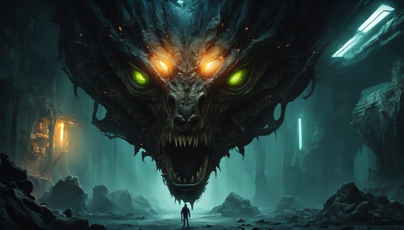 Sci-Fi Alien Head in Futuristic Cave