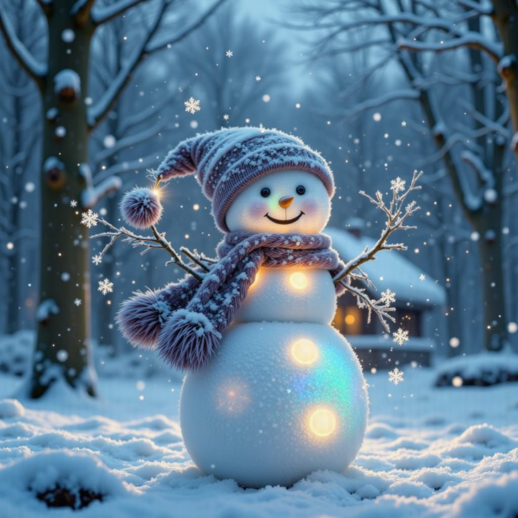 Joyful Snowman in Opal Forest, Holographic Winter Scene