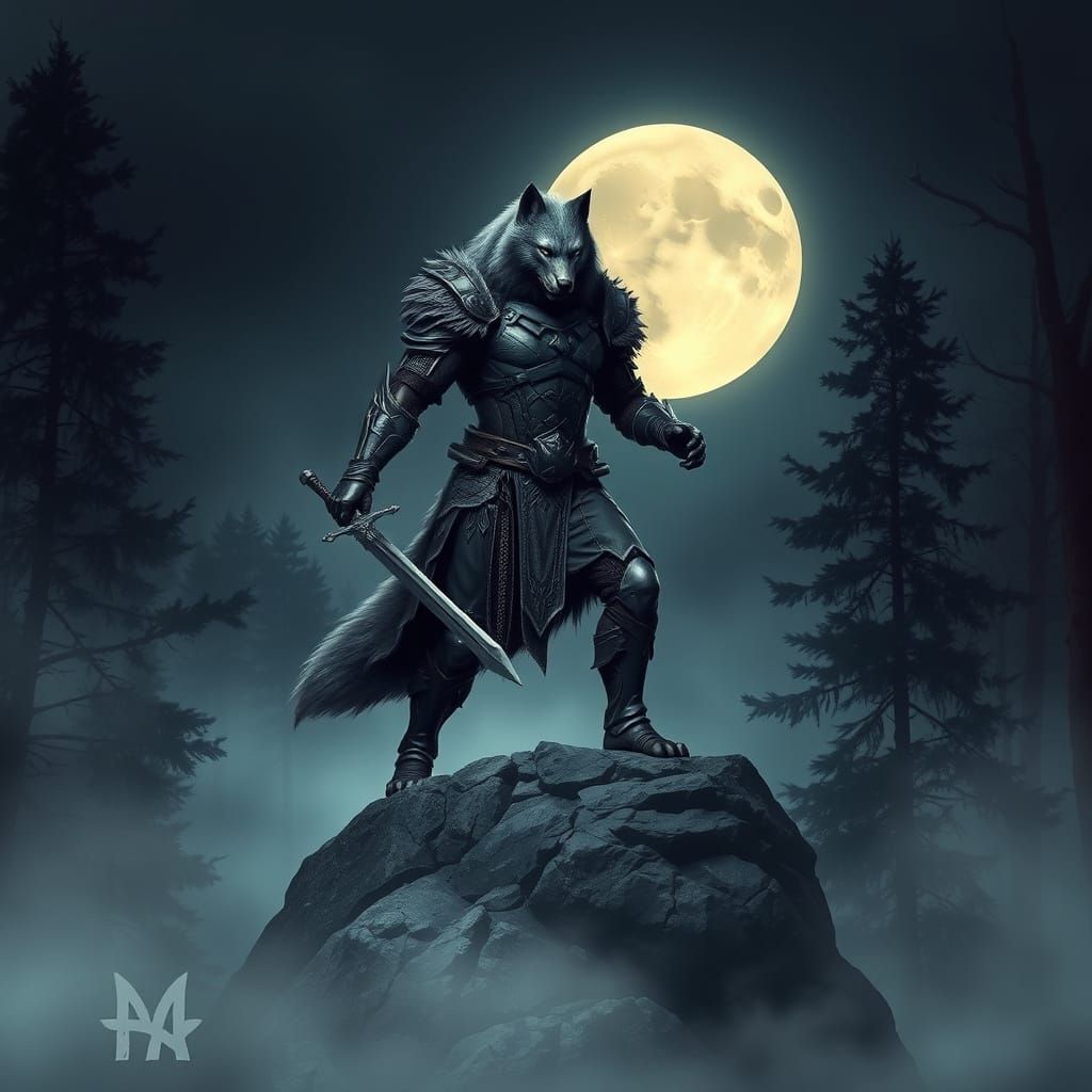 Wolf Warrior in Moonlit Forest, Dark Fantasy Armor