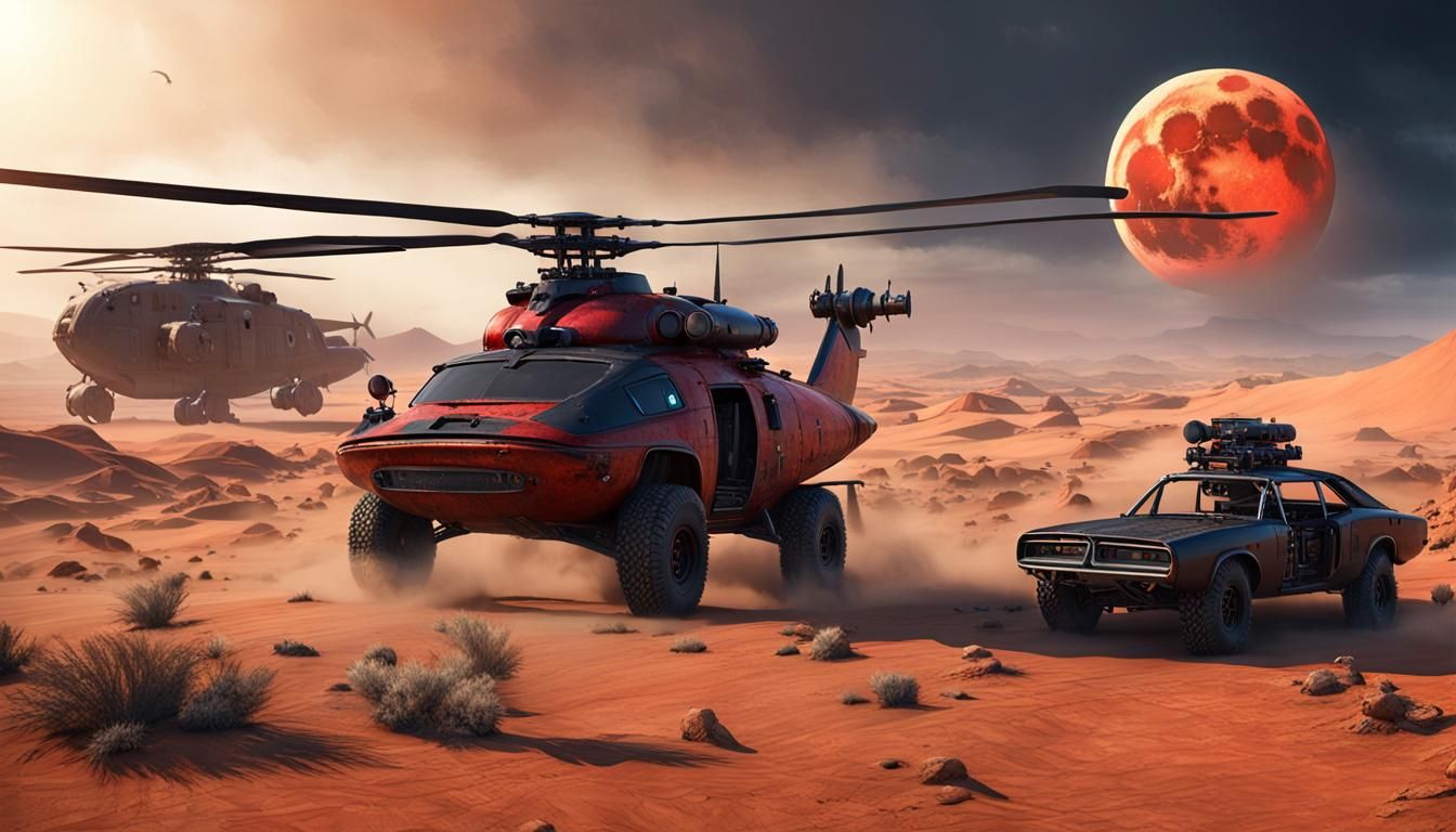 Mad Max Chinook Helicopter Under Red Moon