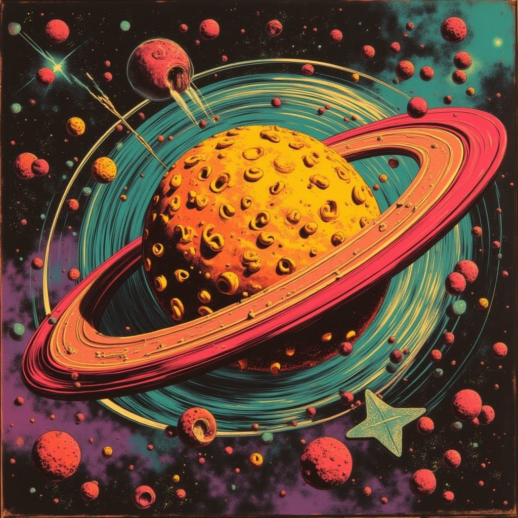 Mac and Cheese Saturn Planet in Dadaist Collage