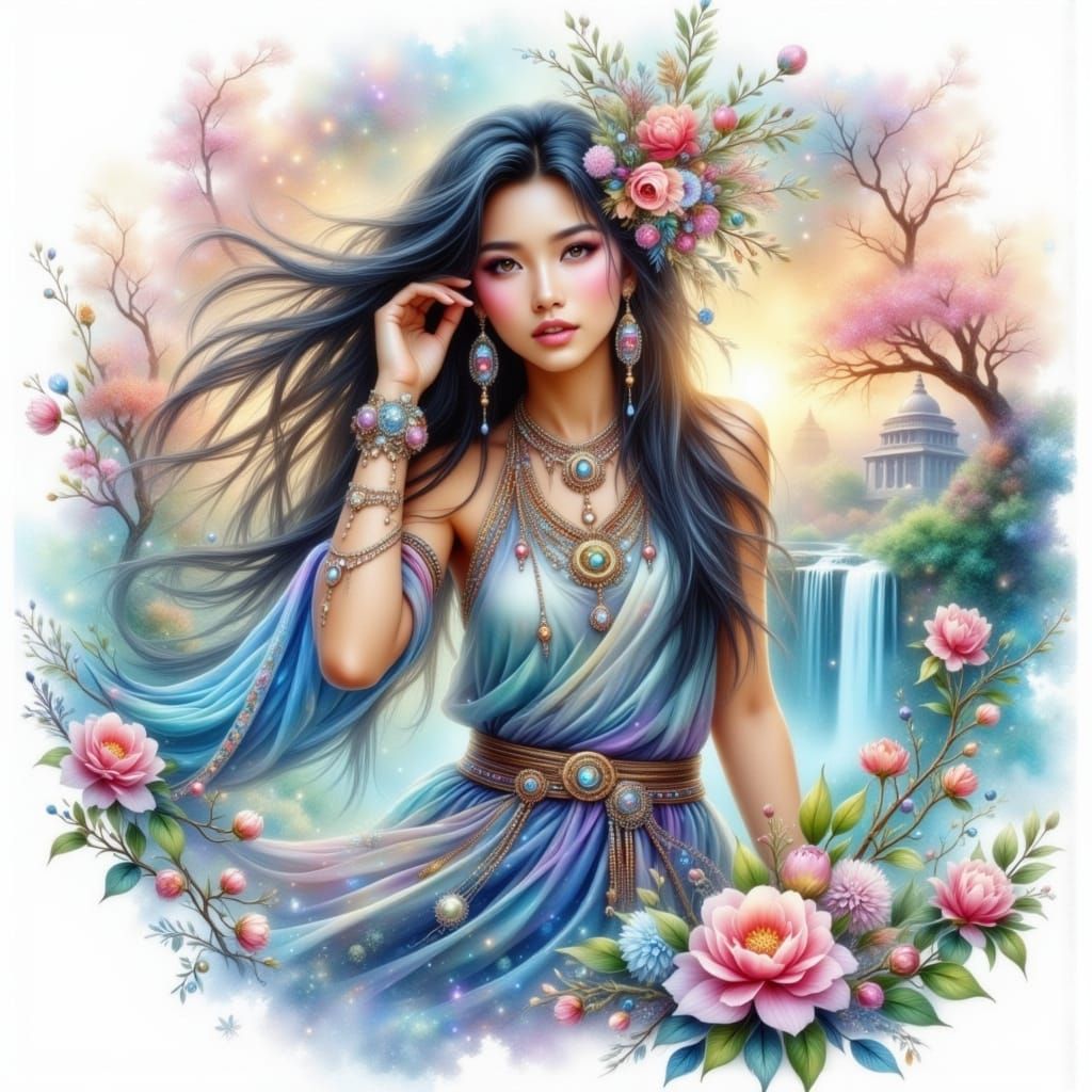 Asian Princess in Watercolour Jungle Scene