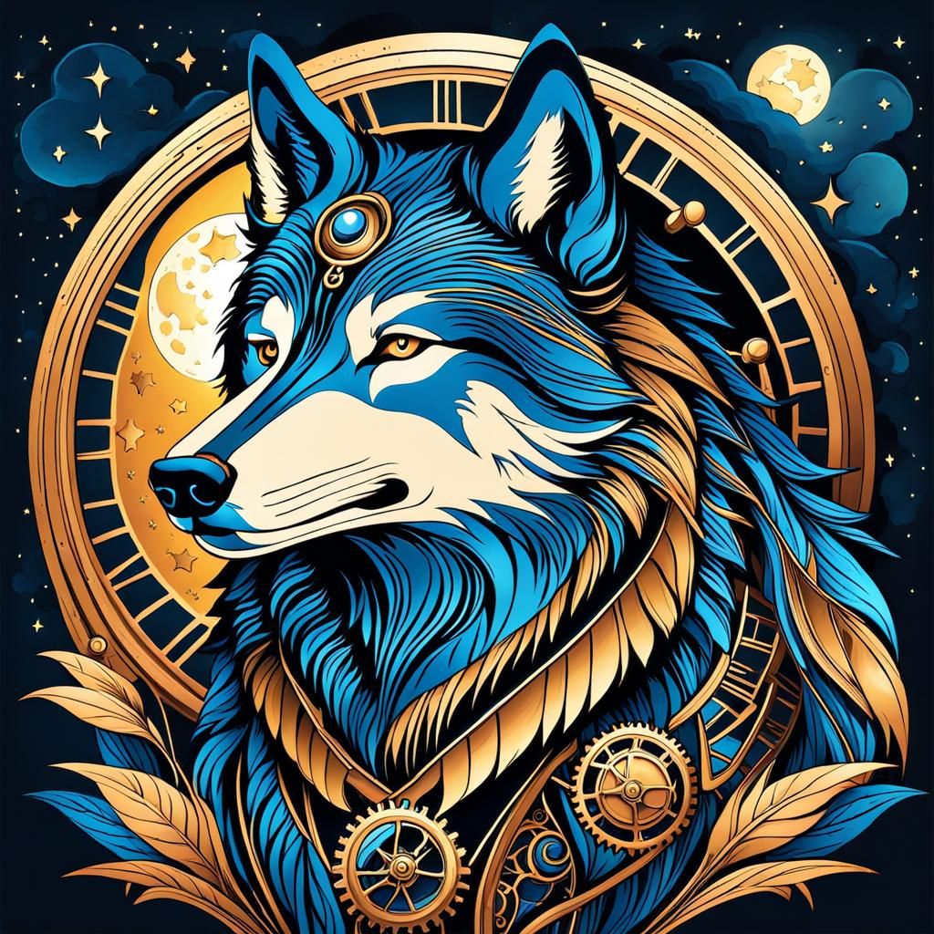 Steampunk Wolf Howling at Full Moon Under Starry Sky