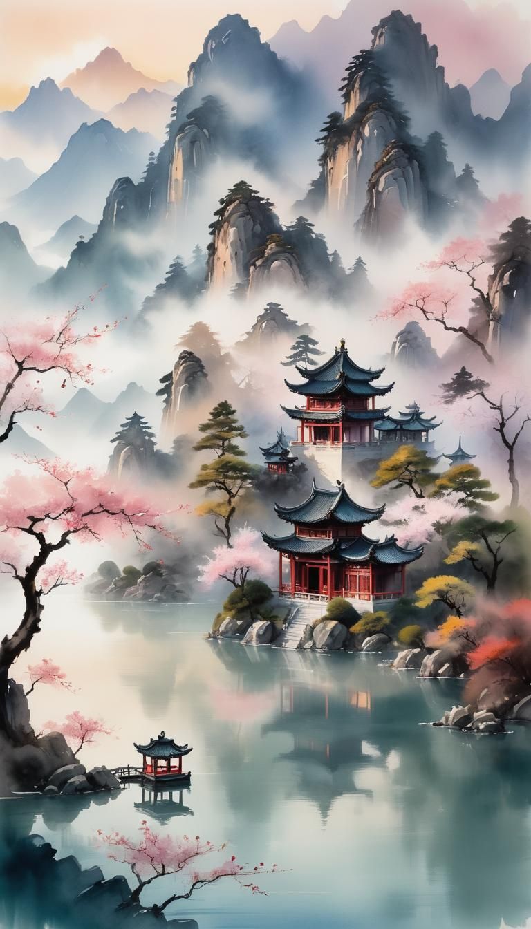 Serene Asian Temple in Misty Dawn