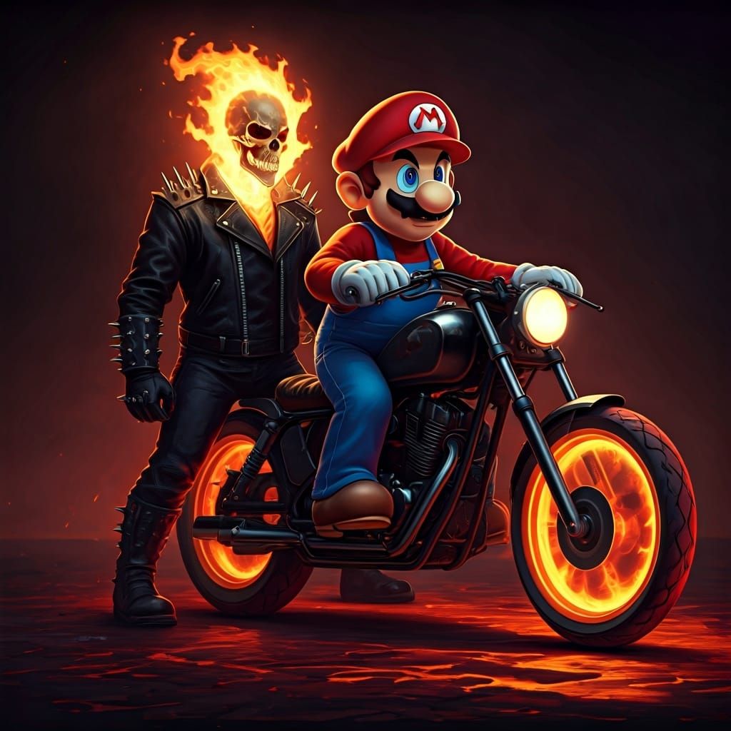 Ghost Rider, Super Mario, and Luigi on Hellish Motorcycle