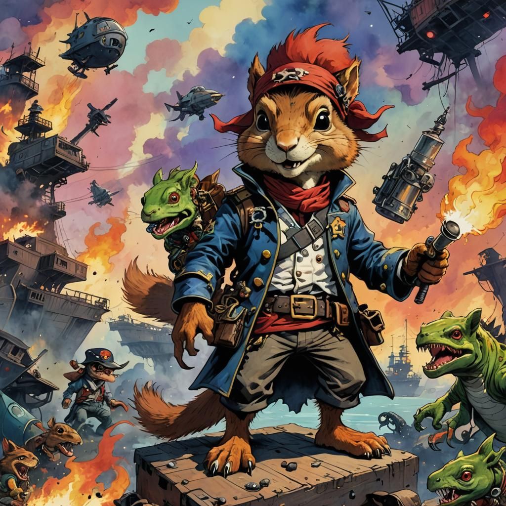 Pirate Squirrel and T-Rex in Jamie Hewlett Style