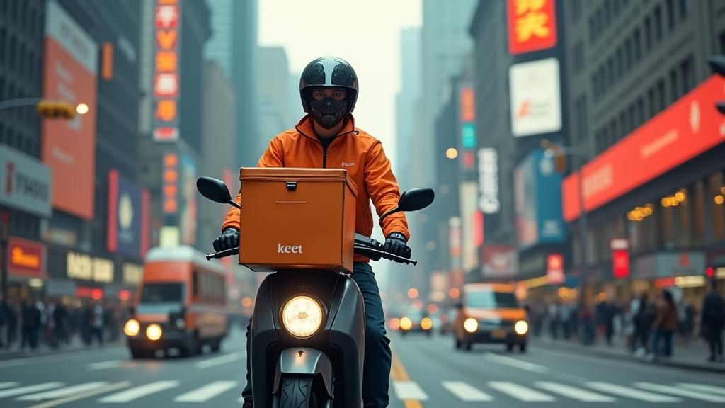 Futuristic Scooter Delivery in Hyperrealistic Cityscape