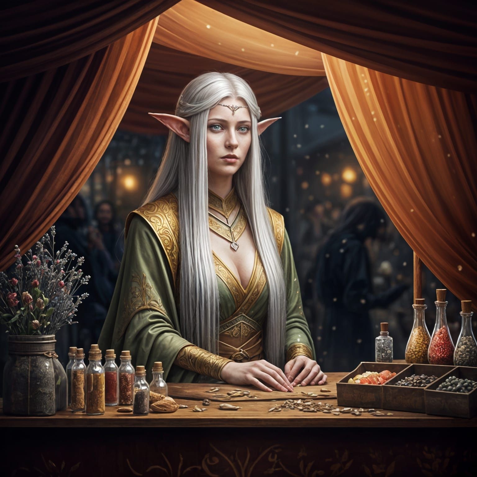 Worried Half-Elf Merchant in a Fantasy Market