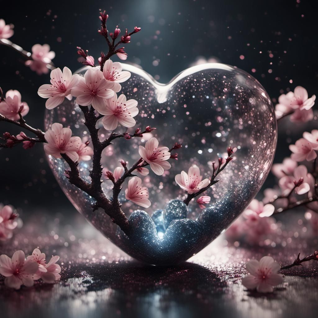 Crystal Heart with Cherry Blossom Twig