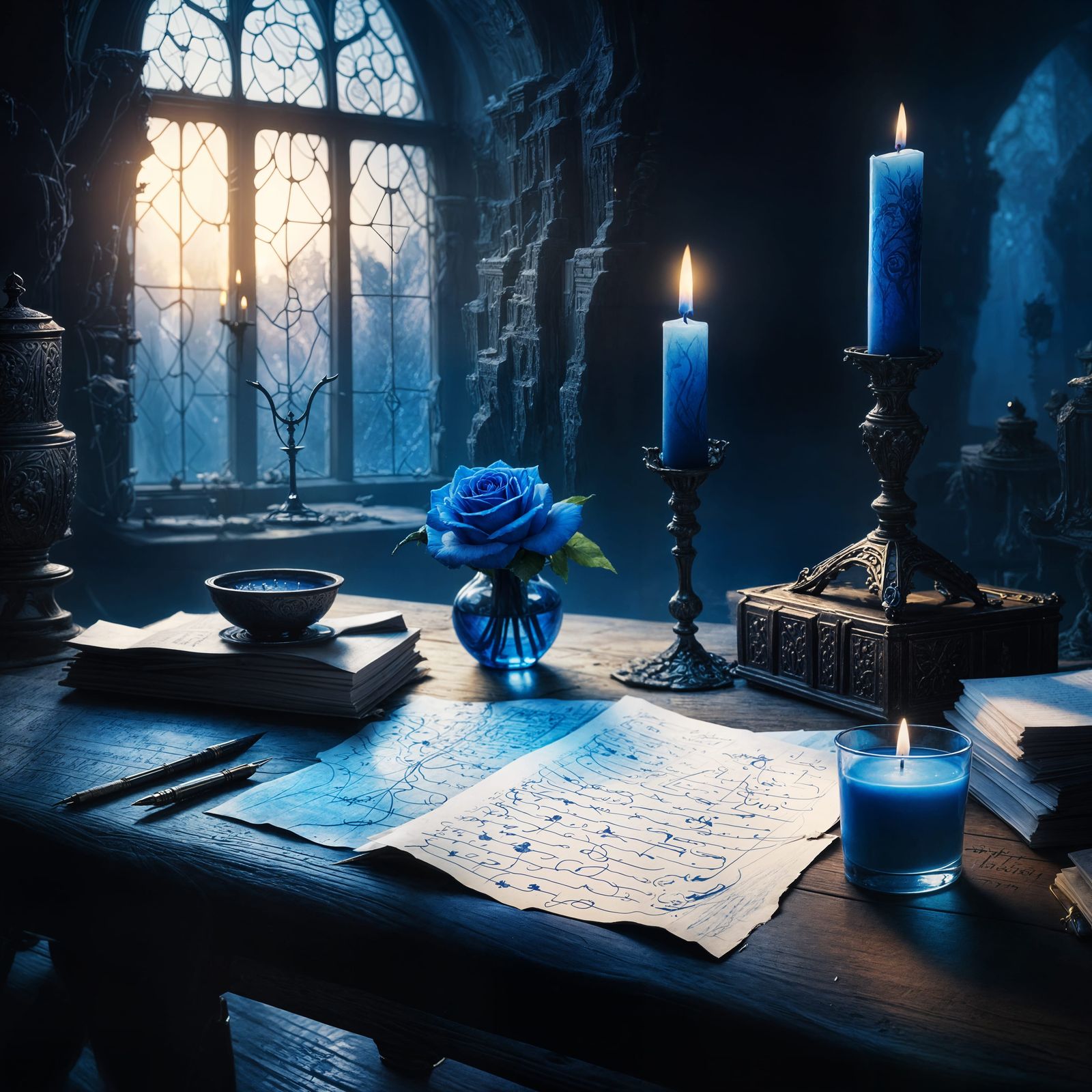 Elven Music Sheets with Blue Rose Candle