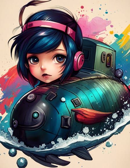 Adorable Chibi Submarine in Streetwear: 8K Splash Art