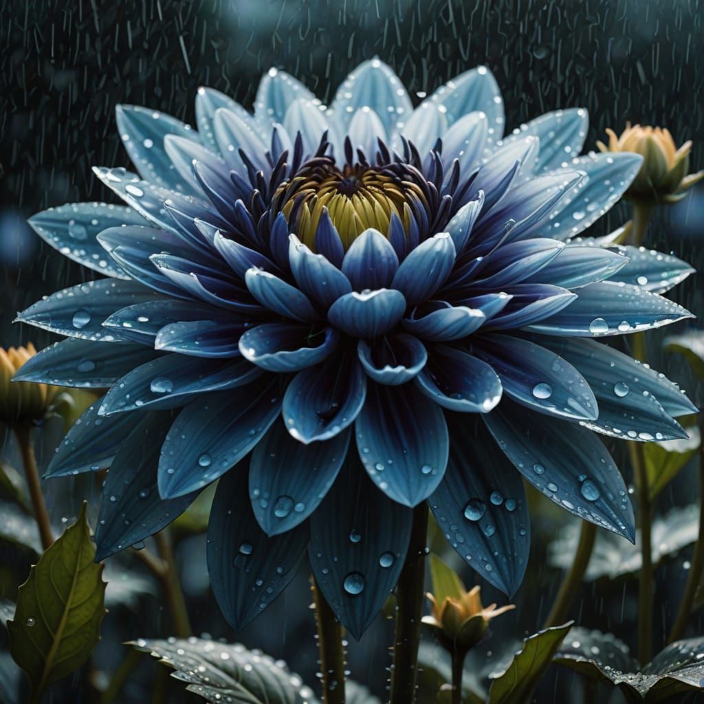 Hyper-Realistic Blue Dahlia in Iridescent Rain