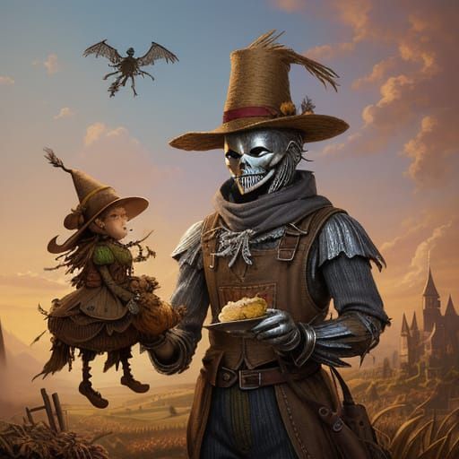 Tin Man Stuffing Scarecrow With Flying Monkeys Overhead